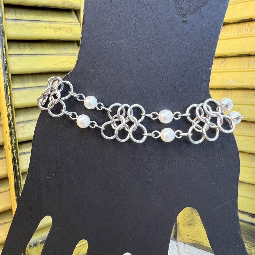 Vintage Mid-Century Silvertone and Faux Pearl Bracelet by Goldette